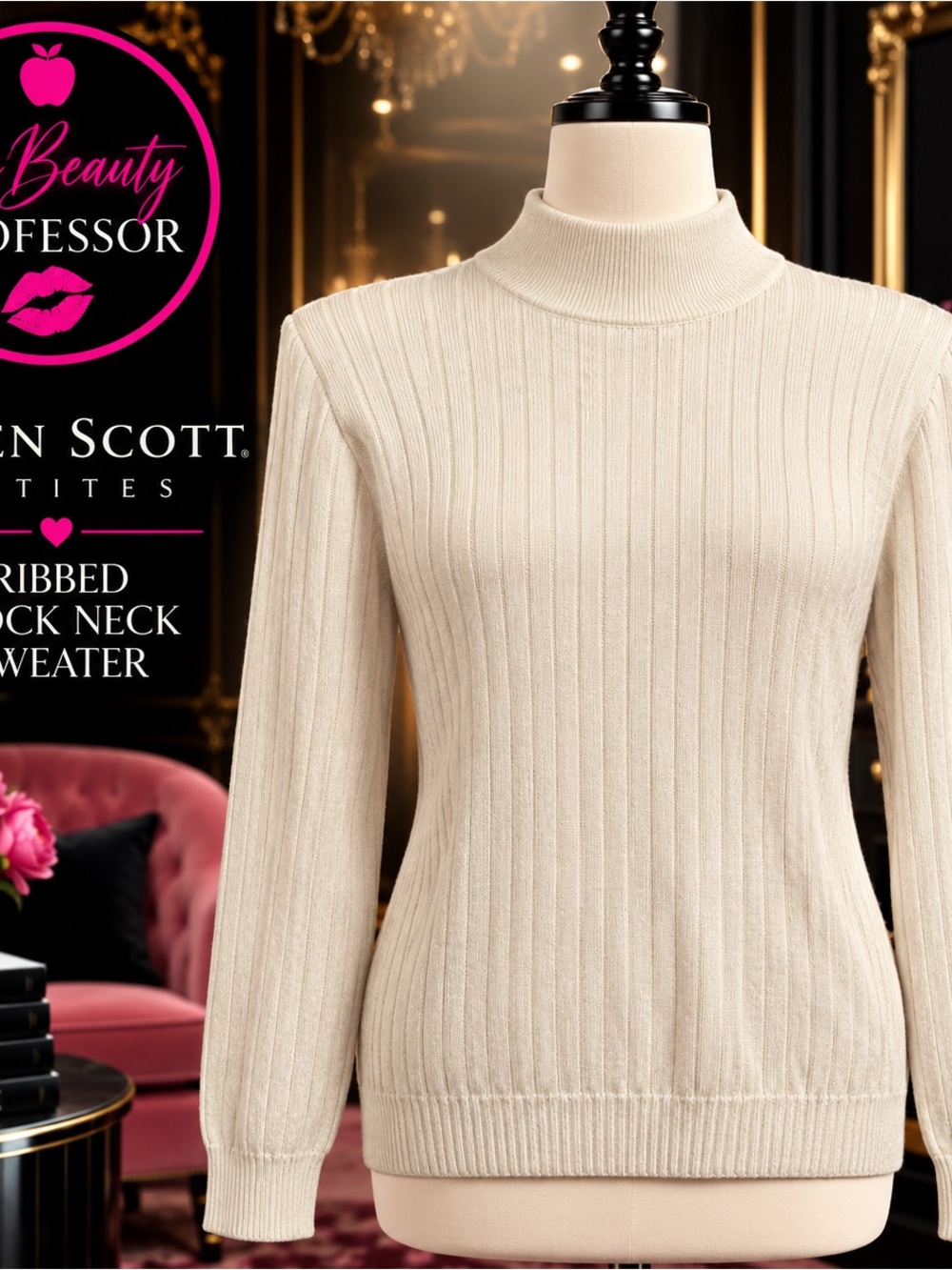 💕Karen Scott Petites PL Merino Wool Blend Ribbed Mock Neck Sweater